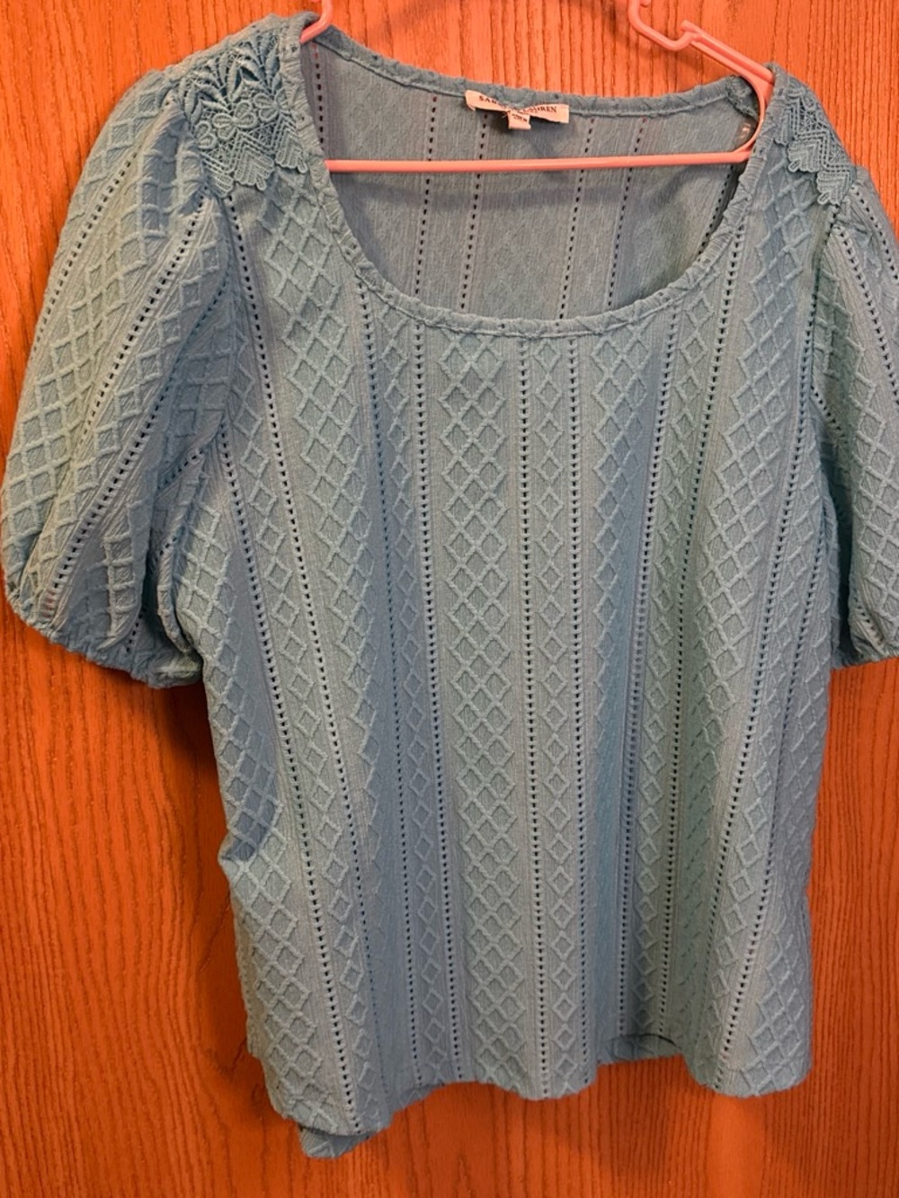 Women's Light Blue Knit Scoop Neck Blouse with Lace Shoulder Detail